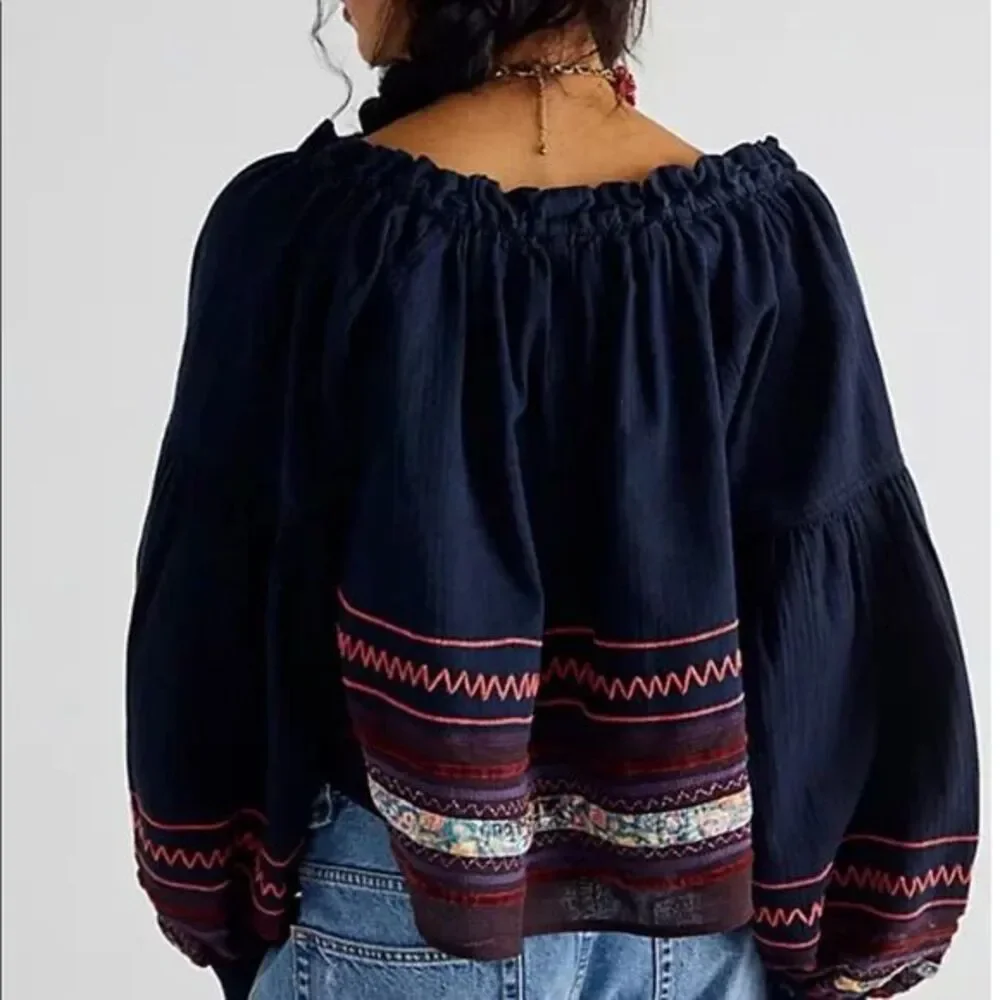 Free People We the Free Poppy Embroidered Indigo Top Small NWT